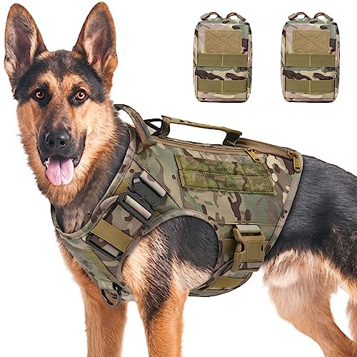 AIWAI Arnés táctico para Perros medianos y Grandes, Chaleco Ajustable sin tirones, para Entrenamiento,arnés Militar para con asa, Chaleco para Perros con Paneles Molle,L,Camuflaje con 2 Bolsas