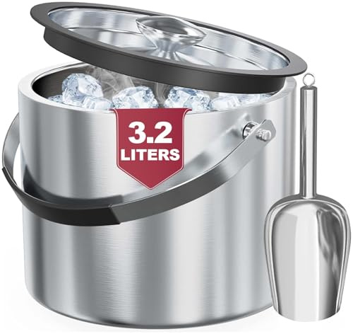 Secchiello per il ghiaccio da 3 l, con coperchio, paletta, pinze, doppia parete isolata, in acciaio inox, secchiello per vino, per cocktail bar e feste