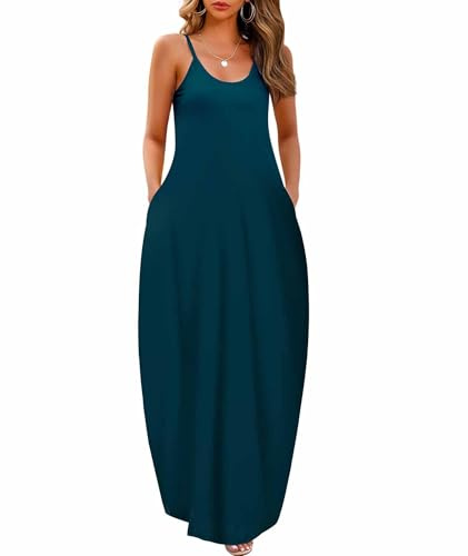 Wolddress - Vestido maxi para mujer con bolsillos 2026, informal, de tirantes, talla grande, suelto, liso, largo, para oficina, verano, playa y viajes, talla S-5X