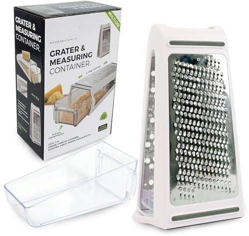 MantraRaj 2 in 1 Cheese Grater with Container 480ml for Kitchen Stainless Steel Multi-Functional Grater Handheld with Handle Cheese Grater Box Non-Slip Base Kitchenware 21.5cm