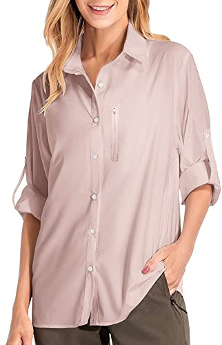 Chemise safari pour femme UPF50+ - Protection solaire UV - Séchage rapide - Légères et réglables - Manches longues - Pour randonnée, trekking, camping, rose, S