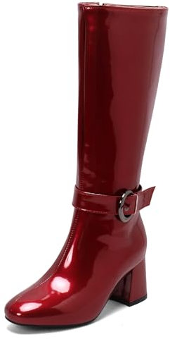 Renessmi Moda Charol Mujer Botas Hasta Las Rodillas Side Cremallera Tacón Ancho Punta Quadrada Hebilla Shiny Long Botas de Montar Footwear Rojo Talla 36 EU