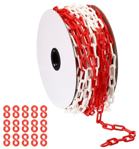 PATIKIL röd/vit plastkedja, 115 fot 6 mm avstängningskedja, säkerhetsbarriär, stor länkkedja, lång för varningssäkerhet, parkeringsplats, personkontroll, grind för byggplats, avspärring av ytor