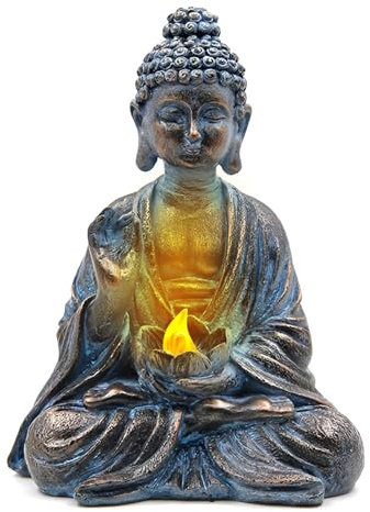 Tuzsocr Bouddha de jardin avec lumières LED de lotus, statue zen en résine, décoration cour, terrasse, rebord de fenêtre
