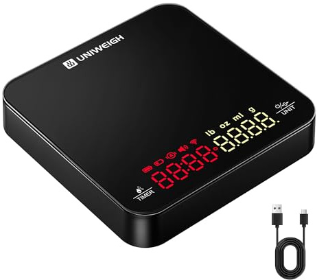 UNIWEIGH Mini-Kaffeewaage mit Timer, Wiederaufladbare Espresso Waage, 2kg/0,1g Präzisionswaage für Espresso & Pour-Over, Tragbare Digitale Küchenwaage mit Automatischer Zeitmessung, schwarz