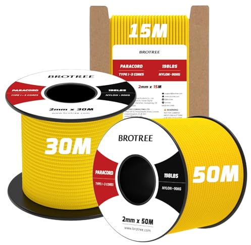 Brotree Paracord 2mm 15M 100% Nylonrep 3 Trådar Typ I Snöre för Utomhus, Hundkoppel, DIY, Hantverk - 90kg Brottlast (Gyllengul)