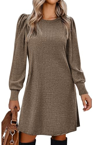 Zeagoo Vestido Midi Punto Delgado Mangas Bombachas Estilo Otoño Elegante Marrón M
