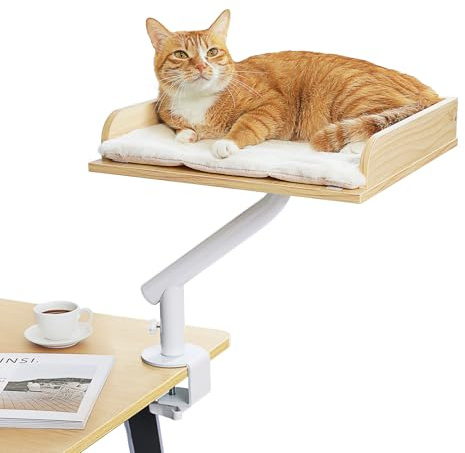 PAWZ Road Lit de chat pour bureau, lit de chat en bois pour intérieur, panier pour chat, 360° pivotant et réglable en hauteur, hamac pour chat à gratter, supporte jusqu'à 23kg