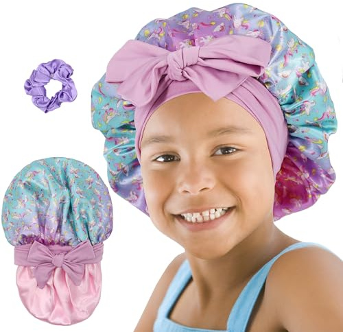 EBONNT Chapeau pour Fille, chapeaus en Soie pour Enfants garçons, Chapeau Satin réversible à Double Couche pour Enfant Cheveux naturels bouclés (FR/ES, Âge, 3 Ans, 12 Ans, Kids ranbow Cyan)