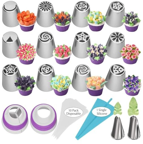 Aiyraa Set di 27 beccucci russi, sac à poche e beccucci per glassa, con 12 beccucci grandi a forma di fiore, 10 sacchetti usa e getta, 2 ugelli a foglia, 2 accoppiatori, 1 sacchetto in silicone
