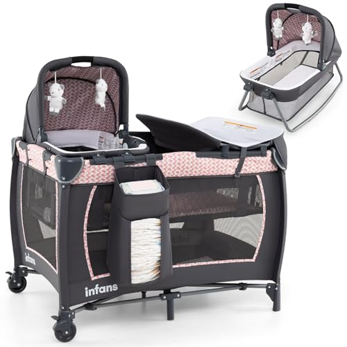 GOPLUS Cuna de Bebé Plegable 4 en 1, Cuna con Ruedas, Colchón, Bolsa de Transporte, Juguetes Colgantes, Cama Infantil de 2 Niveles con Moisés, Cambiador, para Viajes Vacaciones, Carga 15 kg (Rosa)