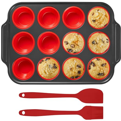 Bandeja para magdalenas de silicona con marco de metal para 12 magdalenas, moldes de silicona para magdalenas, aptos para lavavajillas, horno hasta 230 °C, para pudín, brownies, huevos
