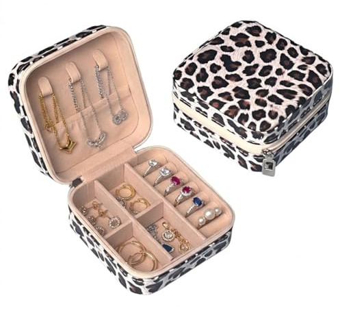 KOQAIIZ Boite a Bijoux Voyage, Organisateur Bijoux, Boîte A Bijoux, Jewelry Box, Rangement pour Boucles d'Oreilles Bagues Chaînes (Léopard)