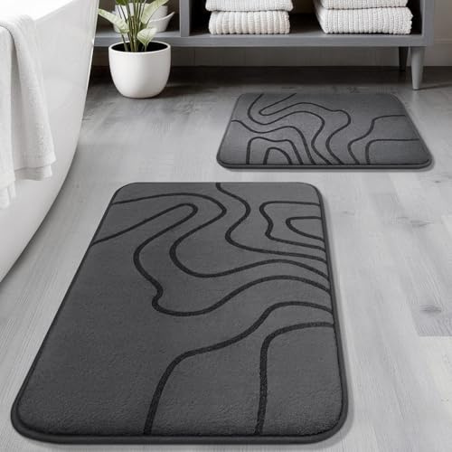 YIHOUSE Memory Foam Bathroom Rugs Sets 2 Piece - 1 Thick Ultra Soft Absorbent Bath Mat Set, Non-Slip Machine Washable Bath Rugs for Bathroom, Tub and Shower, Home Decor (32x20+24x17, Dark Grey)