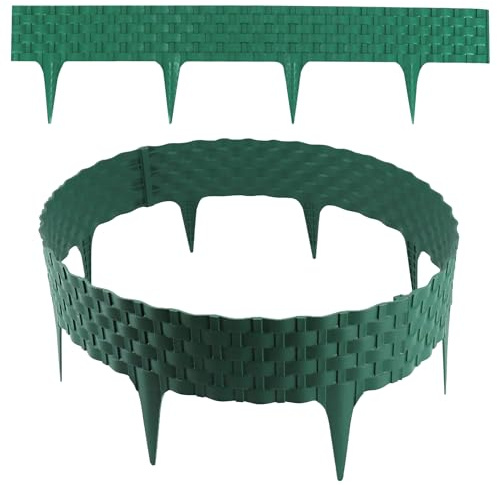 Borde de césped con aspecto de ratán, verde, módulos de 12 x 80 cm, de plástico para delimitación de parterres y césped, borde flexible para bancales