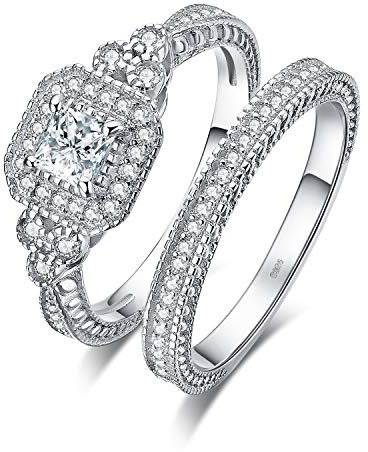 JewelryPalace White Gold Plated 925 Sterling Silver Rings Women Promise Ring, Engagement Rings for her, Vintage Thick Wedding Rings, 2ct Princess Cut Halo Simulated Diamond Ring Set