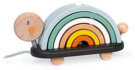 Janod - Sweet Cocoon Nachziehtier Schildkröte “Regenbogen” - Lernspielzeug aus Holz - 6 Stapelbare Holzbögen - Holzspielzeug mit Farben auf Wasserbasis - Nachziehspielzeug - Ab 18 Monaten, J04405