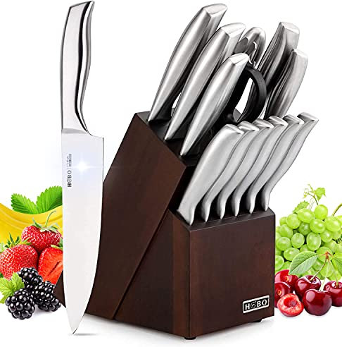 HOBO 14-Piece Kitchen Knife Set with Wooden Block - Germany High-Carbon Stainless Steel Chef, Bread, Utility, Steak Knives and Scissors
