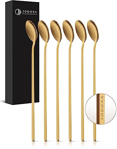 JODORA Design Latte Macchiato Löffel gold matt - 6 stabile Eislöffel lang 19cm - Hochwertige Marmeladenlöffel aus rostfreien 304 Edelstahl - lang Latte Macchiato Löffel spülmaschinenfest