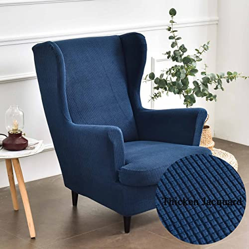 Highdi Wingback Chair Covers 2 Piece Stretch Wing Chair Slipcover, Solid color Jacquard Thicken Strandmon Sofa Cover Furniture Protector for Armchair Chairs Living Room Bedroom Hotel (Navy blue)