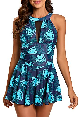 FLYILY Bañador de una Pieza para Mujer Cintura Alta con Control de Barriga con Pantalones Cortos Estilo Retro con Cuello Halter(Greenleaf,S)