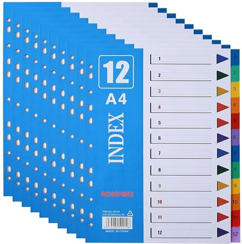 1-12 Part File Dividers A4, 【10Pack】 Plastic A4 Folder Dividers for Ring Binders with11-Holes & Content List, Multi-Colour Index Dividers for Lever Arch Files Ideal for Office School