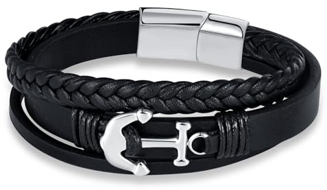 INFINIONLY Mode Bracelets Tressé en Cuir Multicouche pour Homme Garçons Vintage Bracelet Ancre en Acier Inoxydable pour Adolescents