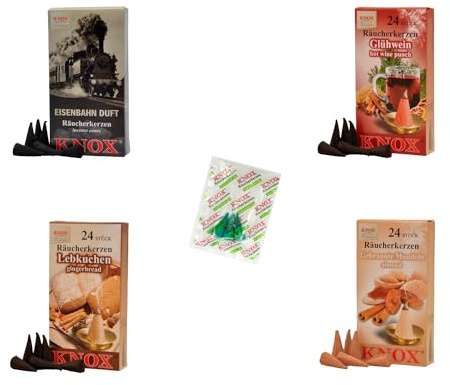 KNOX Coni di incenso – Set di 4 luci natalizie in treno – Profumi: ferrovia, vin brulé, pan di zenzero, mandorla – Quantità: 96 pezzi inclusi 3 coni di incenso come campioni di profumo briese – Made