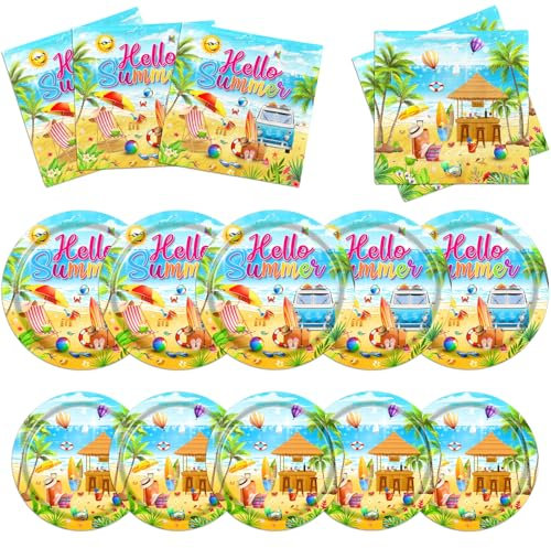 60Pcs Beach Paper Plates and Napkins Party Supplies Hello Summer Beach Theme Tableware Set Disposable Hawaiian Pool Birthday Party Decorations
