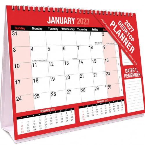 Sixstore Calendario da tavolo 2026, autoportante, con visualizzazione mensile, rilegatura a spirale, calendario rosso e nero, per casa, ufficio, scuola, dal 1 gennaio 2026 al 31 dicembre 2026