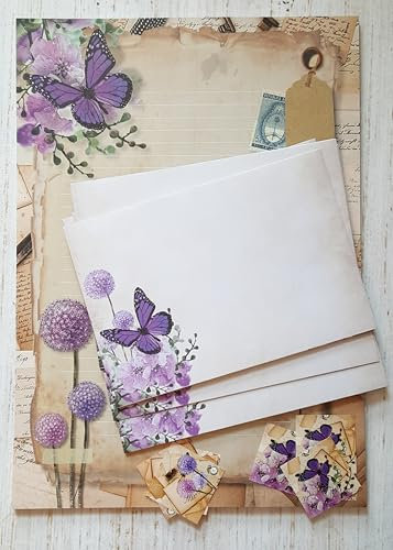 Briefpapier Lila Blumen - 12 Blatt DIN A4 - 6 Briefumschläge mit Verschlussaufklebern - Mehr Spaß - Postpapier Purple Flowers