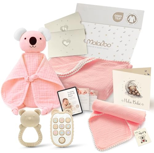 MolaBoo Canastilla Regalo Bebé Recién Nacido, Cesta Regalo Recién Nacido Niña 100% Algodón Orgánico, Doudou Bebé, Manta Muselina, Paño Lactancia, Sonajero, Mordedor y Estuche listo para regalar.
