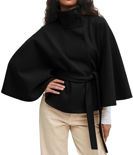 Cocila Ponchos à Manches Chauve Souris Pour Femmes Manteau En Laine Col Montant Ceinture Cape Veste D'hiver Courte Long Chic (Black S) Veste Courte Automne Jean Grande Taille Court