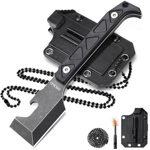 Omesio M-XG11 Cuchillo EDC de acero D2, hoja de 5,7 cm, herramienta multifunción compacta con funda Kydex con clip, pedernal de emergencia y cadena de bolas, ideal para taller, camping y uso diario