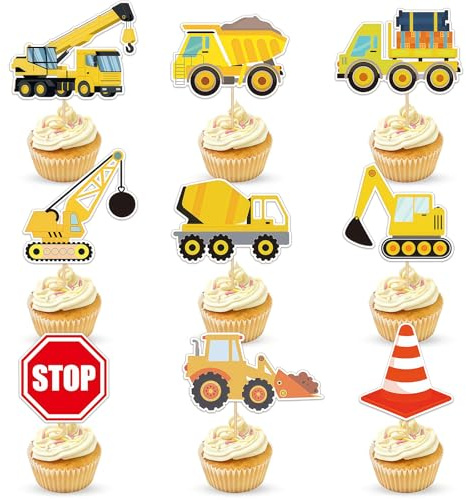 CharmeFleur 27 st byggplats cupcake dekoration dump lastbil traktor stoppskylt del tårtdekor för byggtema barn födelsedag dekor baby shower födelsedagsskylt