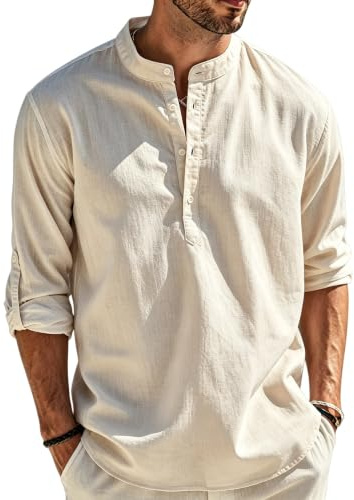 Cegerne Chemise en Lin Homme Manches Longues Chemise Été Légère Respirante Henley Casual pour Vacances Plage