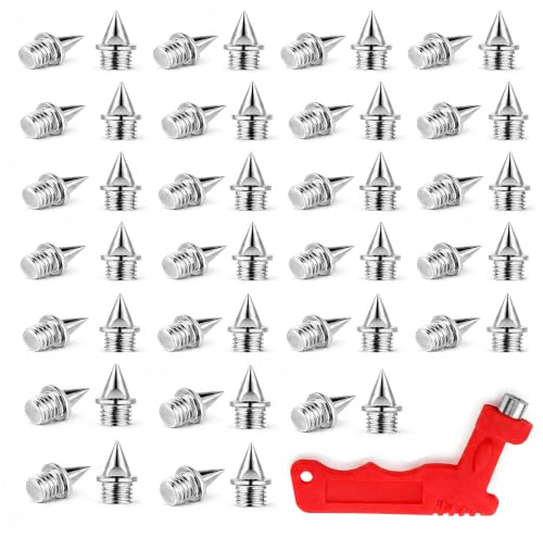 Riavom 50 Pack 6mm Track Spikes Stainless Steel Running Shoe Spikes, Pyramid Grip Replacement Spike, with Wrench, Athletics Spike for Sprinting Jumping Track and Field Rock Climbing Cross Country