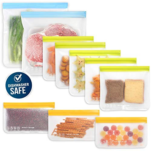 roonoo 10 Pack Dishwasher Safe Reusable Food Storage Bags (5 Sandwich, 3 Snack, 2 Gallon Bags), BPA Free Extra Thick Leakproof Silicone & Plastic Free Zip-lock Bags