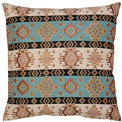 pillowerus Kilim Kissenbezüge Türkis und Creme – 45,7 x 45,7 cm dekorative Kissen, Boho-Raumdekoration für Couch, Bohemian-Quadratischer Fall für Bauernhaus, Fenstersitz, Azteken, Terrasse