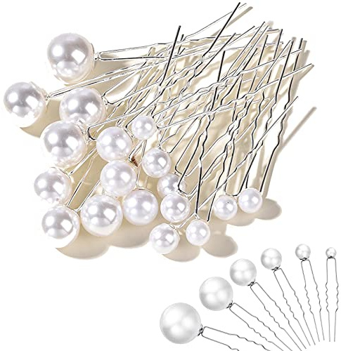 Wedding Pearl U Shaped Flower Pins Hair Clips Set for Brides, Pearls Hair Pins, Pearls for Hair, Hair Accessories for Bridesmaids, Girls - Boho Vintage Jewelry - 18pcs with Box (Silver-Pearl)