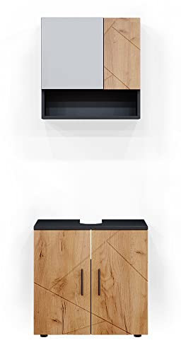 Vicco Badmöbel-Set Goldkraft Eiche/Anthrazit Irma, bestehend aus Bad Spiegelschrank, Waschbeckenunterschrank - Versteckter Stauraum hinter eleganten Türen