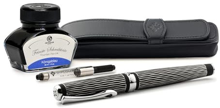 Diplomat Excellence A+ Wave guillochiert lapis schwarz, Füllfederhalter im Set mit Stiftetui aus Leder, Schreibtinte und Konverter, Füller mit Edelstahlfeder Stärke M, Füllhalter-Set