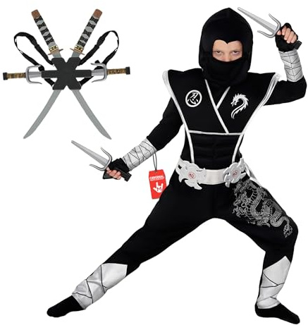 Morph Déguisement Ninja Enfant, Costume Ninja, Tenue de Jeu pour Enfants, Idéal pour Halloween, 7-9 Ans