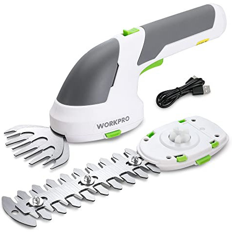 WORKPRO Tijeras Cortacésped y Arreglasetos 2 en 1, 7,2 V Cortasetos a Batería 2 Ah, Tijeras Arreglaseto con 2 Tipos de Cuchillas Ancho de Corte 100 mm, 150 mm, Herramienta para Jardín (Blanco)