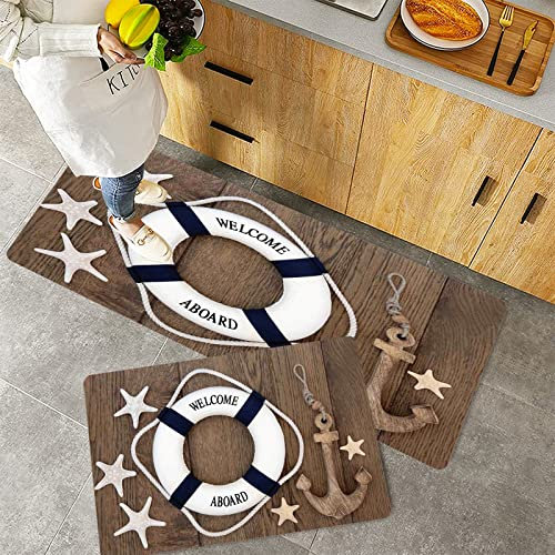 Küchenteppich Teppich Läufer Küchenläufer 2 Stück rutschfest,Anker, Rettungsring Anker Seestern Muscheln über alte Eiche Hintergrund Marine Lifestyle, , Waschbar für Flur Küche 40 x 100 cm+40 x 60 cm