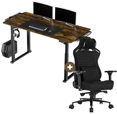 ULTRADESK Uplift Computertisch Gaming Tisch Schreibtisch Led + Stuhl Throne - Stahlkonstruktion - Platz für DREI Monitore - Elektrische Höheneinstellung - Langlebiger Gaming Stuhl - Zubehör - Braun