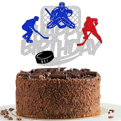 Bogoro Eishockey Geburtstag Tortenaufsatz,Cake Topper Happy Birthday,Hockey Kuchenaufsatz,Glitzer Hockeyspieler Kuchen Topper Geeignet für die Dekoration von Geburtstagskuchen für Eishockeyspieler