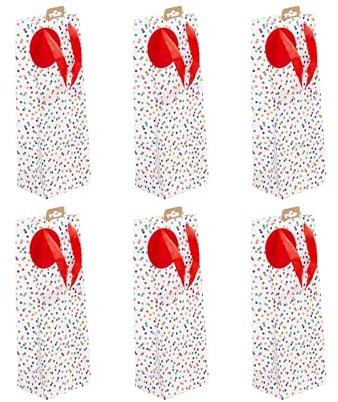 Eurowrap 26988-4Cpack - Un lot de 6 Sacs Cadeaux Excellia- Format Bouteille - Dimensions : 12,7x9x35,5 cm - 210g - Motif : Pois Multicolors Sur Fond Blanc - Emballage Cadeaux, Bouteille