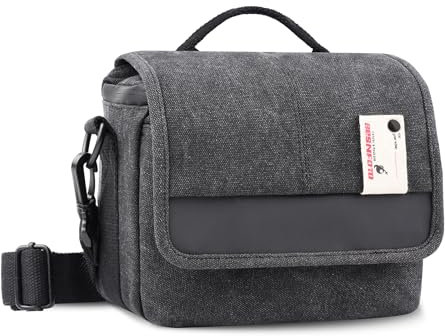 Besnfoto Kameratasche, Geldbörse, kleine Kuriertasche, Schultertasche für spiegellose DSLR-Kamera, wasserdicht, Leinen, kompakte Fotografie-Tasche, Schwarz/Grau
