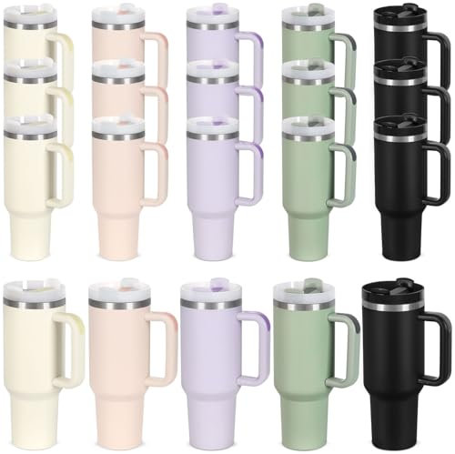 15 Pack 40 Oz Tumbler with Handle and Straw Bulk, 40 Oz Tumbler Stainless Steel Vacuum Insulation Keep Hot and Cold, 40 Oz Travel Coffee Mug with Silicone Spill Proof Stopper Set, Individually Boxed